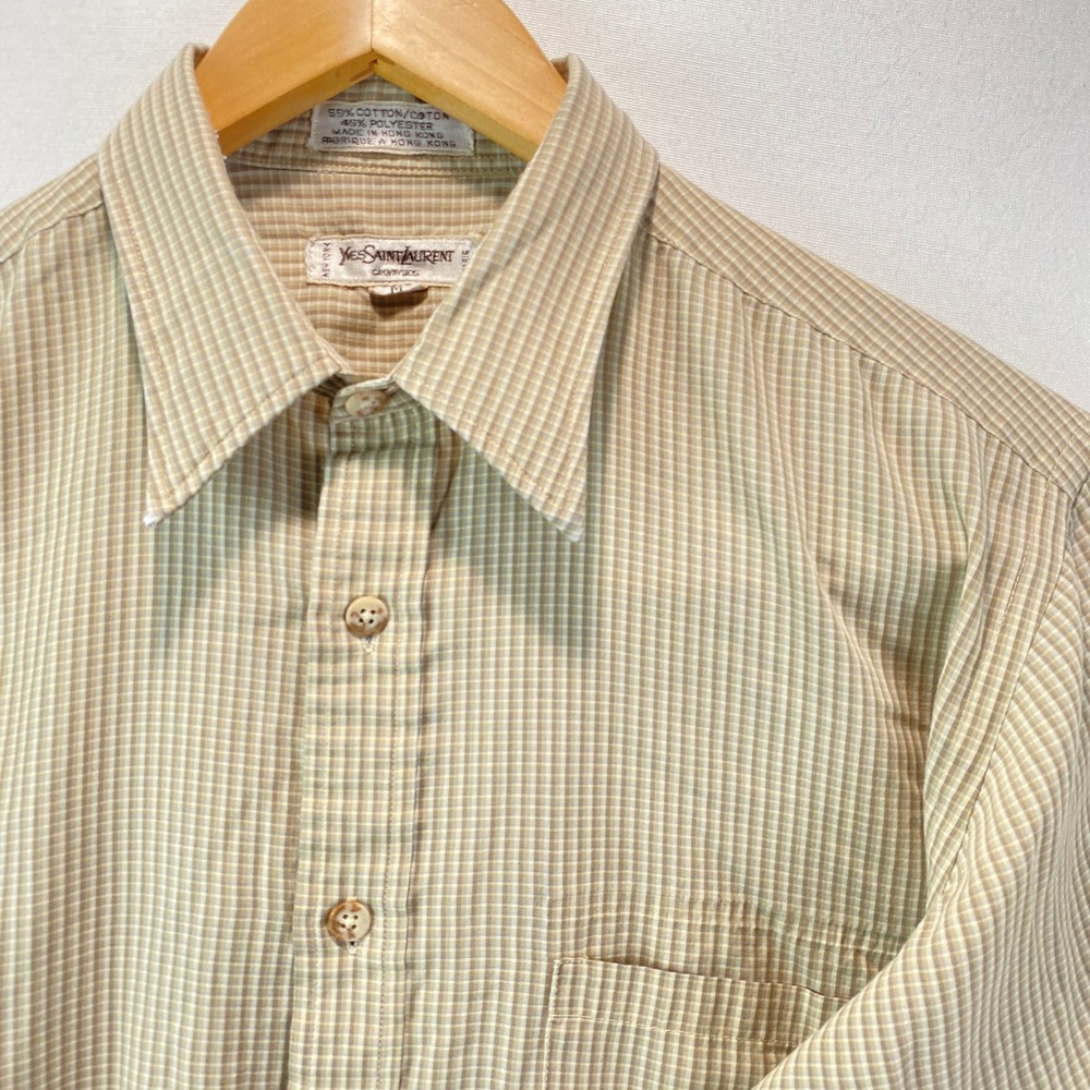 VTG Yves Saint Laurent Chemises Mens M Tan Check Long Sleeve Button Down Shirt